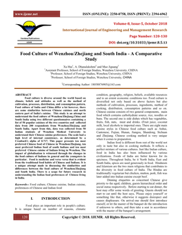 Food Culture of Wenzhou/Zhejiang and South India - a Comparative Study