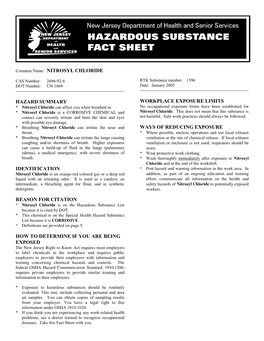 Common Name: NITROSYL CHLORIDE HAZARD SUMMARY IDENTIFICATION REASON for CITATION HOW to DETERMINE IF YOU ARE BEING EXPOSED WORKP