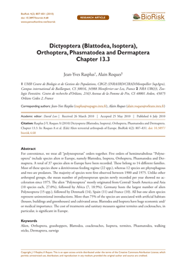 Biorisk Dictyoptera4(2): 807–831 (2010)(Blattodea, Isoptera), Orthoptera, Phasmatodea and Dermaptera