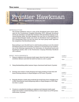 Frontier Hawkman MERIT REQUIREMENTS CHECKLIST Silver Merit Silver