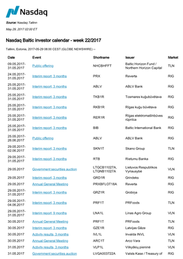 Nasdaq Baltic Investor Calendar - Week 22/2017