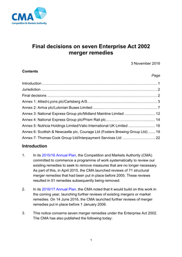 Final Decisions on Seven Enterprise Act 2002 Merger Remedies