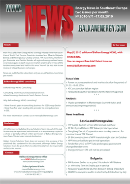 Energy News in Southeast Europe Two Issues Per Month № 2010-V/1 •17.05.2010