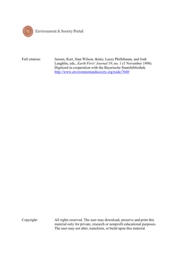 Full Citation: Jensen, Kurt, Stan Wilson, Tkintz, Lacey Phillabaum, and Josh Laughlin, Eds., Earth First! Journal 19, No