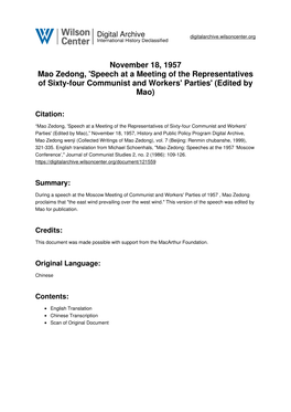 November 18, 1957 Mao Zedong, 'Speech at a Meeting of the Representatives of Sixty-Four Communist and Workers' Parties' (Edited by Mao)