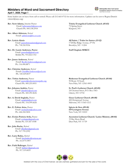 Ministers of Word and Sacrament Directory April 1, 2020, Page 1 Some Leaders Are on Leave from Call Or Retired