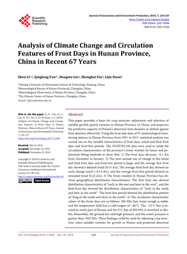 Analysis of Climate Change and Circulation Features of Frost Days in Hunan Province, China in Recent 67 Years