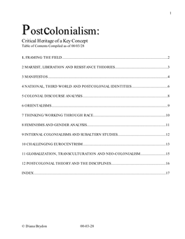 Postcolonialism Table of Contents