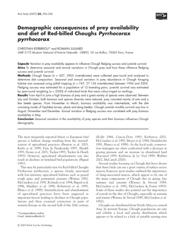 Demographic Consequences of Prey Availability and Diet of Red-Billed Choughs Pyrrhocorax Pyrrhocorax