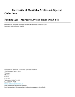 Margaret Avison Fonds (MSS 64)