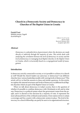 Church in a Democratic Society and Democracy in Churches of the Baptist Union in Croatia