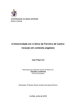 A Historicidade Em a Selva De Ferreira De Castro: Receção Em Contexto Angolano