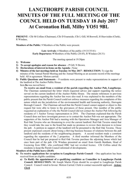 LANGTHORPE PARISH COUNCIL MINUTES of the FULL MEETING of the COUNCL HELD on TUESDAY 18 July 2017 at Coronation Hall, Milby YO51 9BL