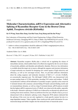 Molecular Characterization, Mrna Expression and Alternative Splicing of Ryanodine Receptor Gene in the Brown Citrus Aphid, Toxoptera Citricida (Kirkaldy)