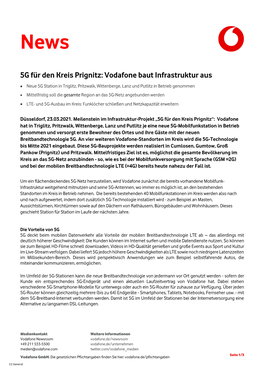 5G Für Den Kreis Prignitz: Vodafone Baut Infrastruktur