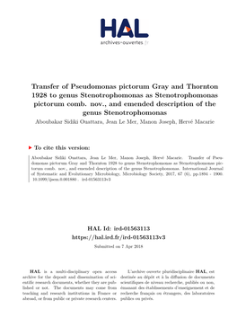 Transfer of Pseudomonas Pictorum Gray and Thornton 1928 to Genus Stenotrophomonas As Stenotrophomonas Pictorum Comb