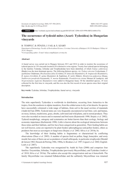 The Occurrence of Tydeoid Mites (Acari: Tydeoidea) in Hungarian Vineyards