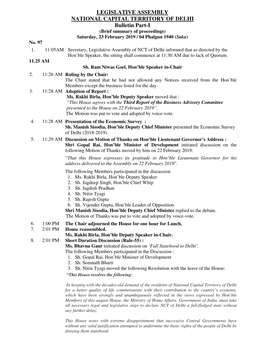 LEGISLATIVE ASSEMBLY NATIONAL CAPITAL TERRITORY of DELHI Bulletin Part-I (Brief Summary of Proceedings) Saturday, 23 February 2019 / 04 Phalgun 1940 (Saka ) No