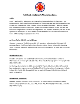 Fact Sheet – Mcdonald's All American Games