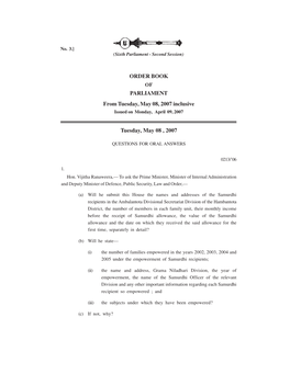 ORDER BOOK of PARLIAMENT from Tuesday, May 08, 2007 Inclusive Issued on Monday, April 09, 2007