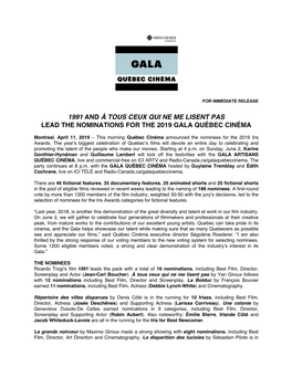 1991 and À Tous Ceux Qui Ne Me Lisent Pas Lead the Nominations for the 2019 Gala Québec Cinéma