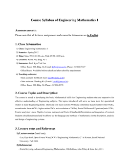 Course Syllabus of Engineering Mathematics 1