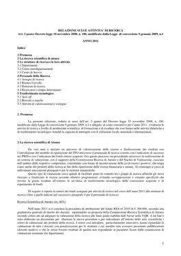 RELAZIONE SULLE ATTIVITA' DI RICERCA Art. 3 Quater Decreto Legge 10 Novembre 2008, N. 180, Modificato Dalla Legge Di Convers