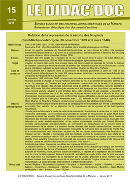 Relation De La Répression De La Révolte Des Nu-Pieds (Saint-Michel-De-Montjoie, 28 Novembre 1639 Et 8 Mars 1640) Références Cote : 5 Mi 2060, Vue 111/152