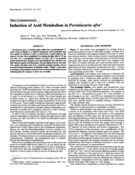 Induction of Acid Metabolism in Portulacaria Afrai Received for Publication July 26, 1976 and in Revised Form September 22, 1976