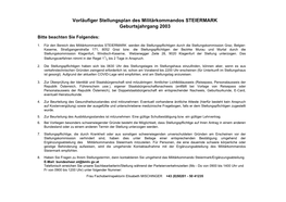 Vorläufiger Stellungsplan Des Militärkommandos STEIERMARK Geburtsjahrgang 2003