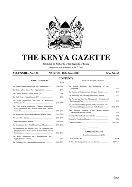 THE KENYA GAZETTE Published by Authority of the Republic of Kenya (Registered As a Newspaper at the G.P.O.)