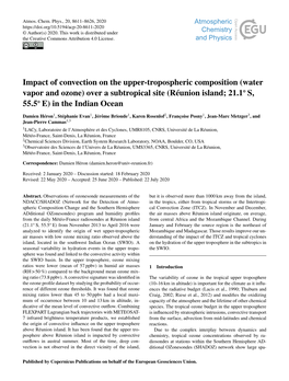Impact of Convection on the Upper-Tropospheric Composition (Water Vapor and Ozone) Over a Subtropical Site (Réunion Island; 21.1◦ S, 55.5◦ E) in the Indian Ocean