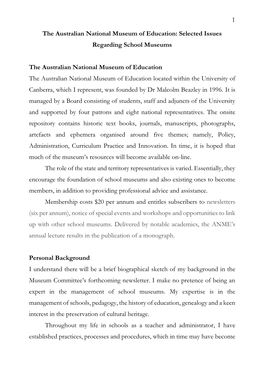 The Australian National Museum of Education: Selected Issues Regarding School Museums