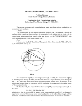 1 DE LONGCHAMPS' POINT, LINE and CIRCLE Prof. Ion Pătrașcu