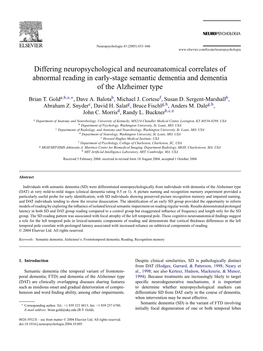 Differing Neuropsychological and Neuroanatomical Correlates of Abnormal Reading in Early-Stage Semantic Dementia and Dementia of the Alzheimer Type