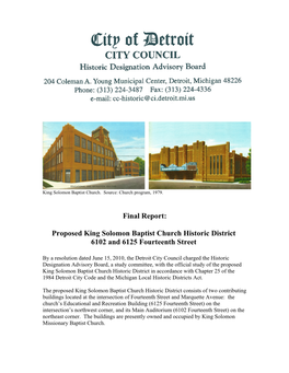 Final Report: Proposed King Solomon Baptist Church Historic District 6102