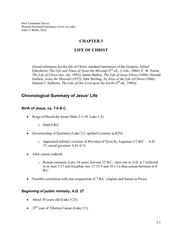 CHAPTER 3 LIFE of CHRIST Chronological Summary of Jesus' Life