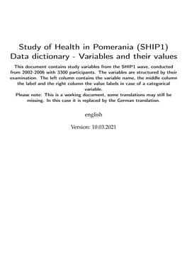 Study of Health in Pomerania (SHIP1) Data Dictionary