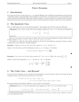 Vieta's Formulas 1 Introduction 2 the Quadratic Case 3 the Cubic Case