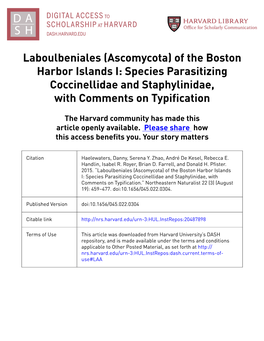 Laboulbeniales (Ascomycota) of the Boston Harbor Islands I: Species Parasitizing Coccinellidae and Staphylinidae, with Comments on Typification