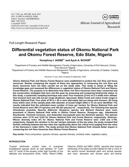 Differential Vegetation Status of Okomu National Park and Okomu Forest Reserve, Edo State, Nigeria