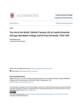 Catholic Campus Life at Loyola University Chicago, Mundelein College, and De Paul University, 1924-1950