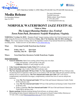 NORFOLK WATERFRONT JAZZ FESTIVAL * Rain Or Shine the Longest Running Outdoor Jazz Festival Town Point Park, Downtown Norfolk Waterfront, Virginia