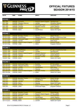 Official Fixtures Season 2014/15