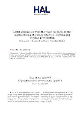 Metal Valorization from the Waste Produced in the Manufacturing of Co/Mo Catalysts: Leaching and Selective Precipitation Mohammed F