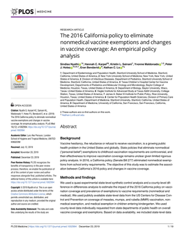 The 2016 California Policy to Eliminate Nonmedical Vaccine Exemptions and Changes in Vaccine Coverage: an Empirical Policy Analysis