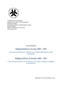 Religionsfriheten I Sverige 1809 – 1951 Religious Liberty in Sweden