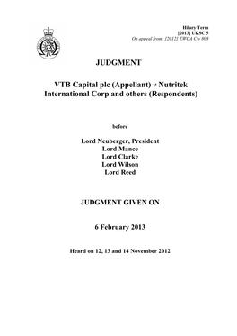 VTB Capital Plc (Appellant) V Nutritek International Corp and Others (Respondents)