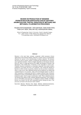 Review on Production of Benzene from Petroleum Associated Gas by Dehydro- Aromatization, Partial Oxidation of Methane and Methanol-To-Aromatics Processes