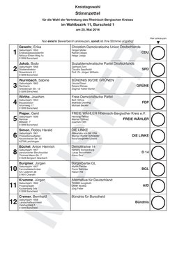 Stimmzettel Für Die Wahl Der Vertretung Des Rheinisch-Bergischen Kreises Im Wahlbezirk 11, Burscheid 1 Am 25